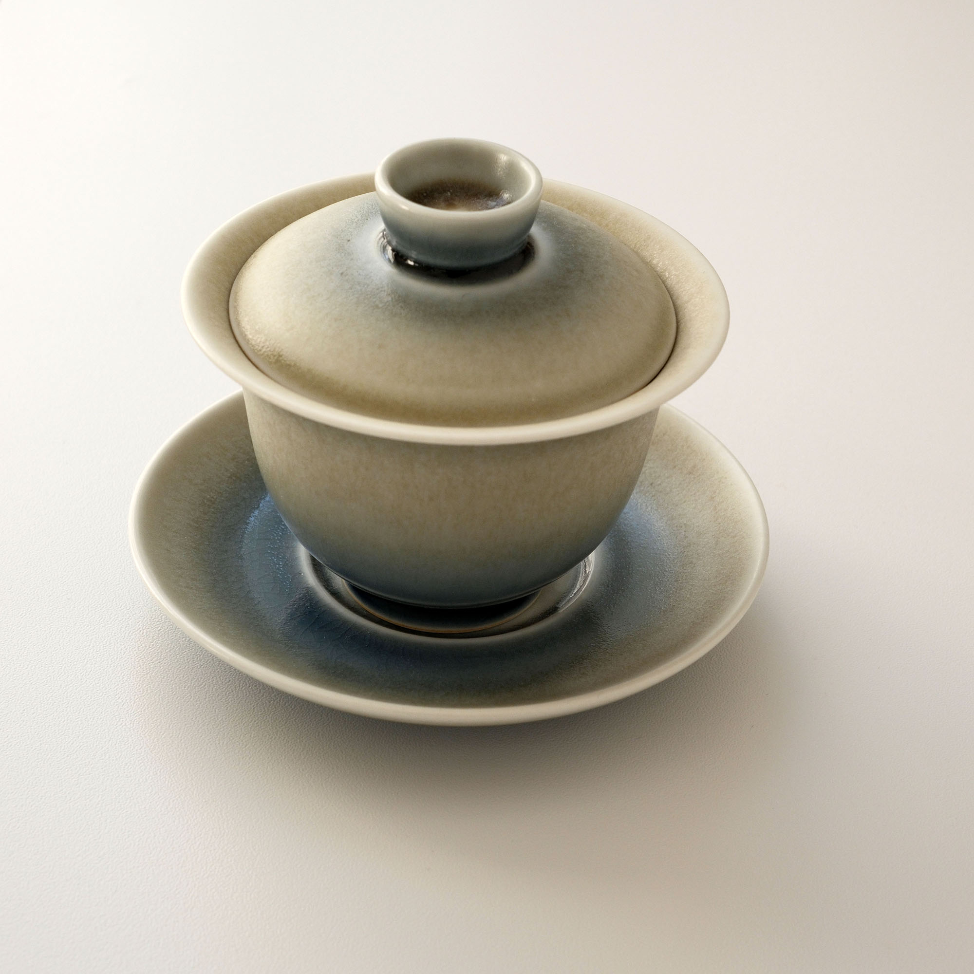 Handmade Gaiwan – Kai Pian Crackle Glaze | Eggshell White with Blue Accent | Jingdezhen Art Piece for Gong Fu Cha